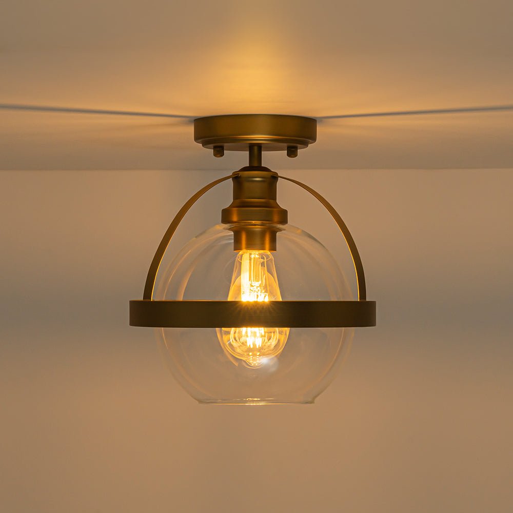 Brass 1-Light Clear Glass Sphere Globe Semi-Flush Mount
