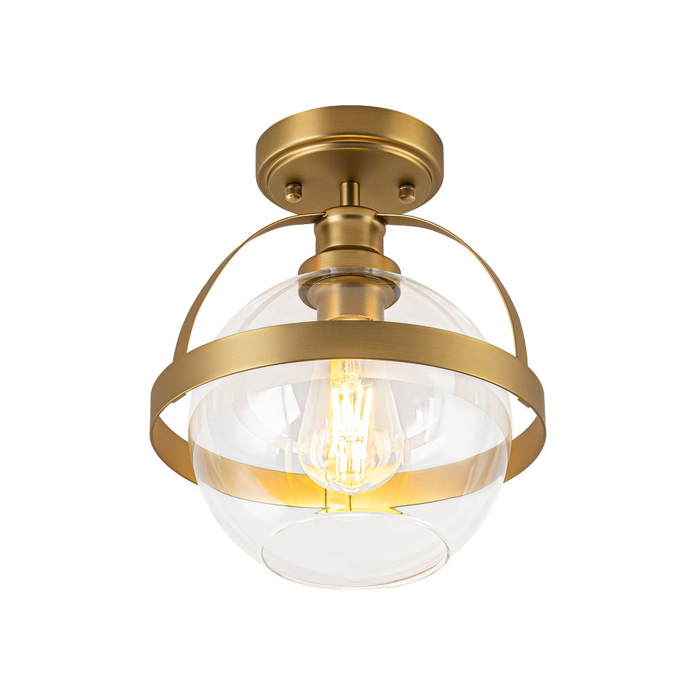 Brass 1-Light Clear Glass Sphere Globe Semi-Flush Mount