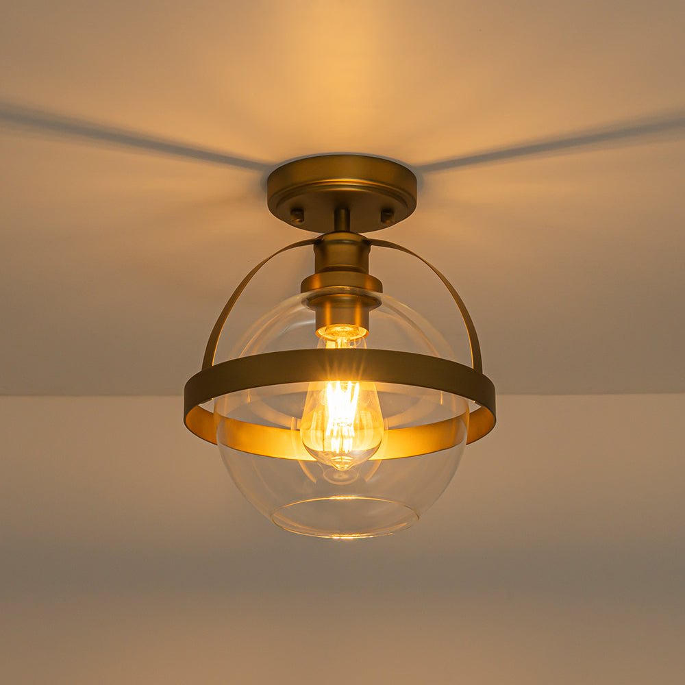 Brass 1-Light Clear Glass Sphere Globe Semi-Flush Mount