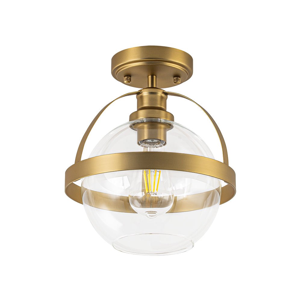 Brass 1-Light Clear Glass Sphere Globe Semi-Flush Mount