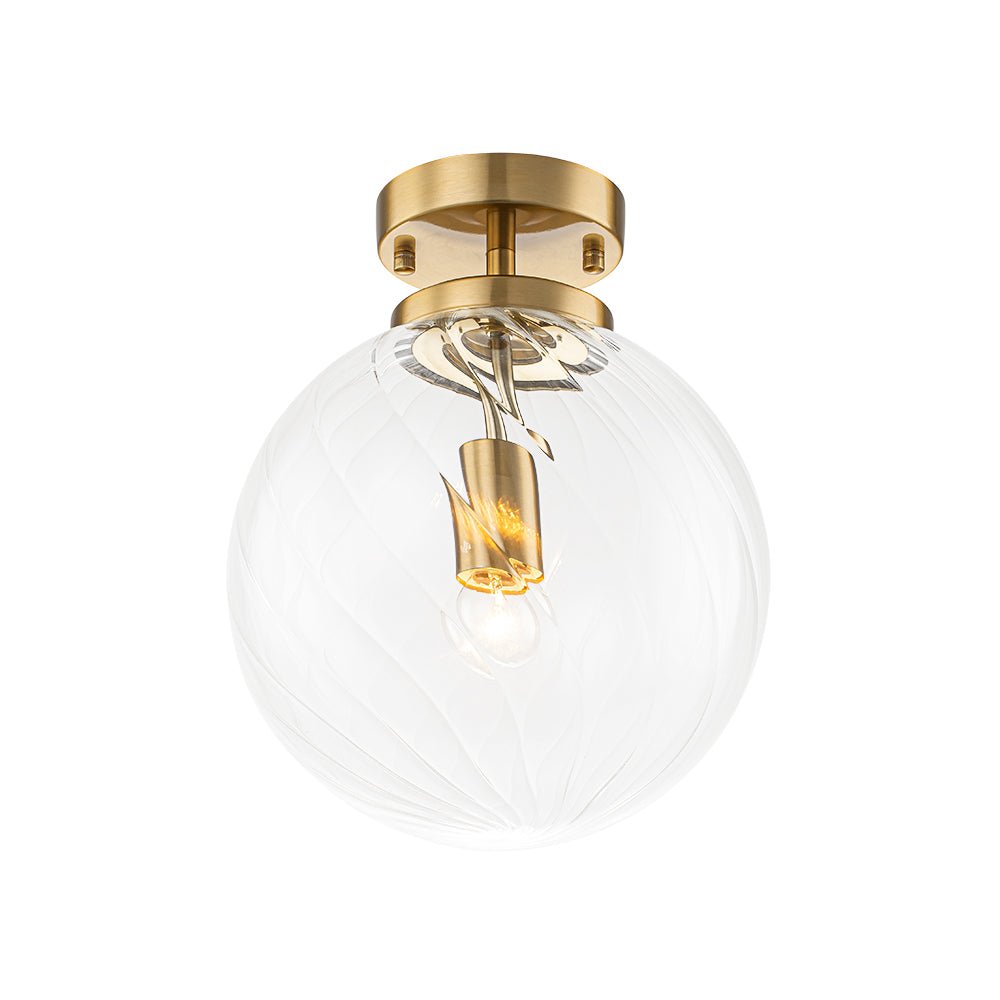 Brass 1-Light Swirling Ribbed Glass Globe Semi Flush Mount