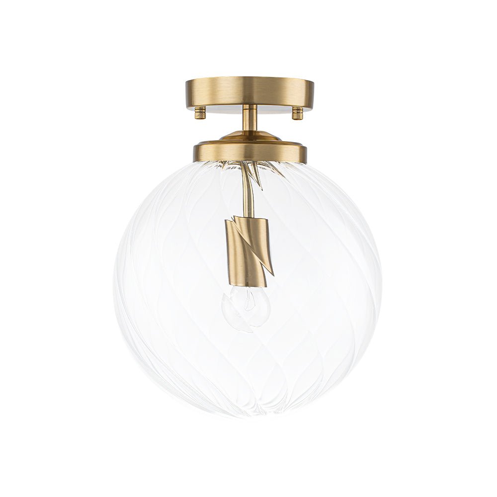 Brass 1-Light Swirling Ribbed Glass Globe Semi Flush Mount