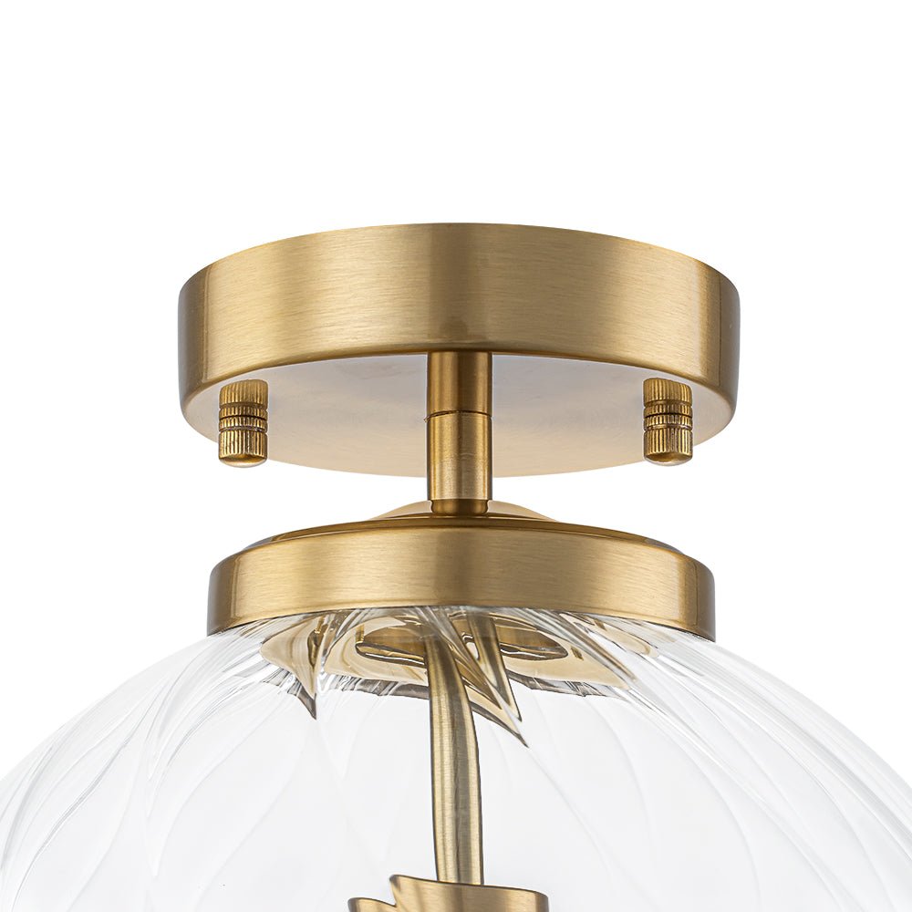 Brass 1-Light Swirling Ribbed Glass Globe Semi Flush Mount