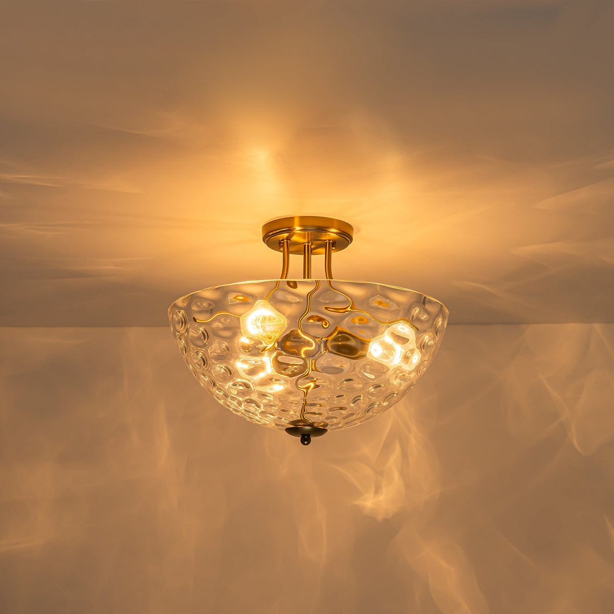 Brass 3-Light Hammered Glass Bowl Semi Flush Mount