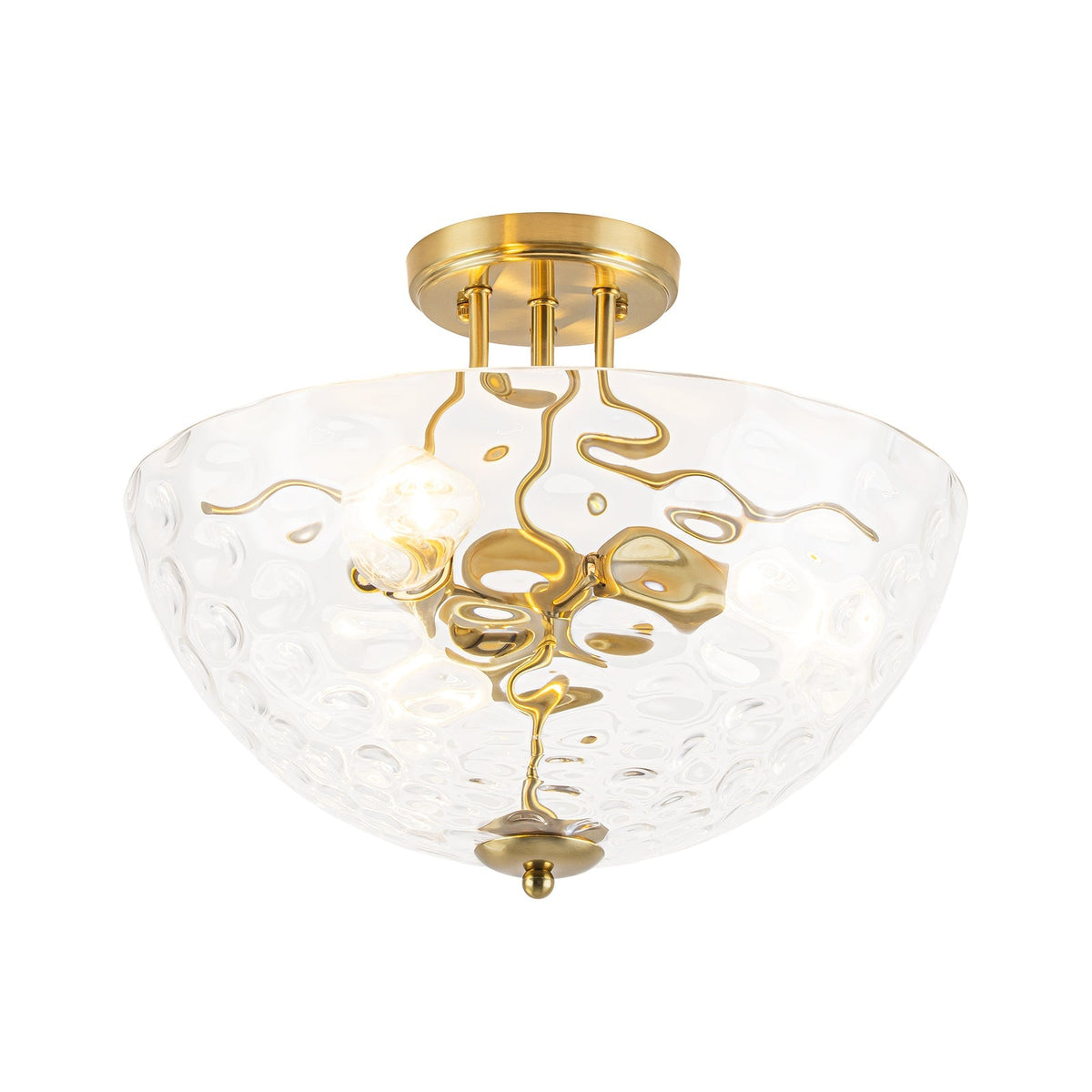Brass 3-Light Hammered Glass Bowl Semi Flush Mount