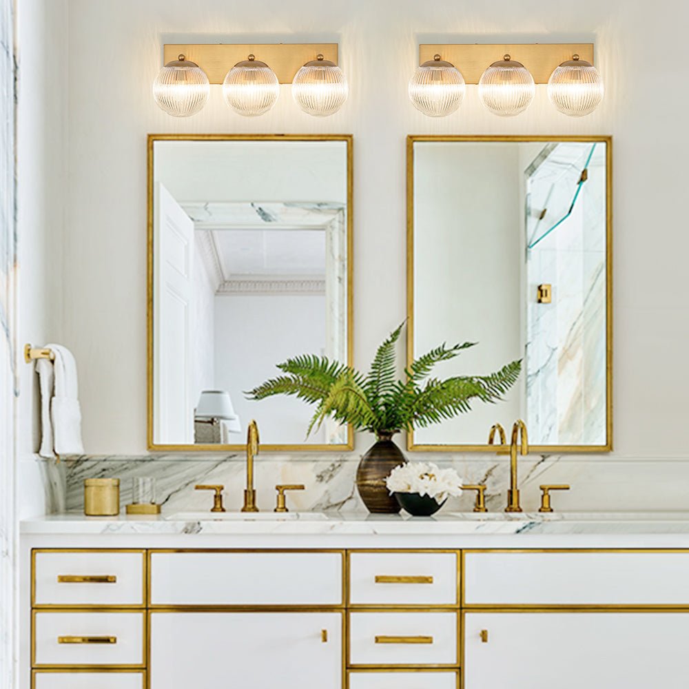 Brass 3-Light Ribbed Glass Globe Bathroom Vanity Wall Lamp
