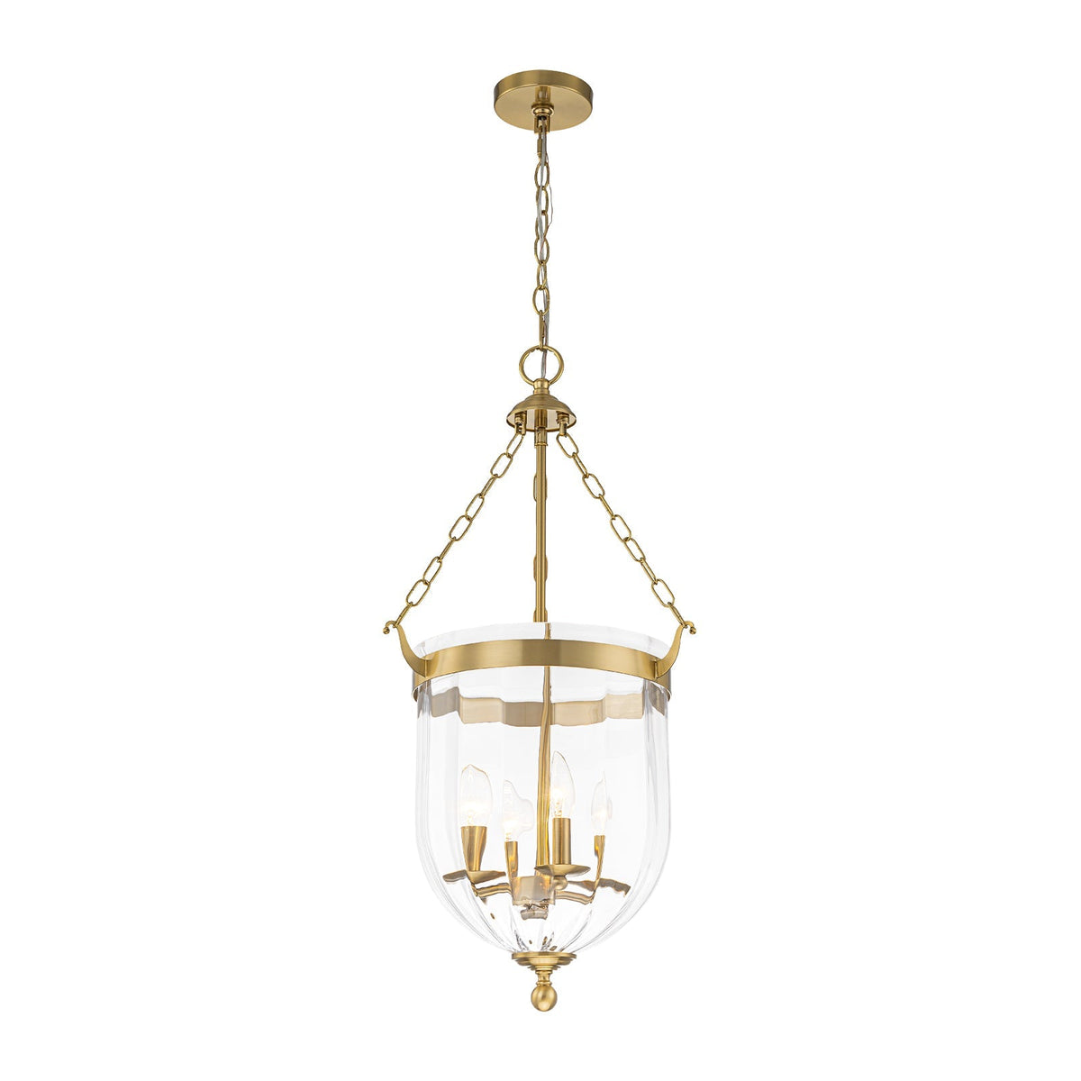 Brass 4-Light Ribbed Glass Bell Jar Lantern Pendant / Semi Flush
