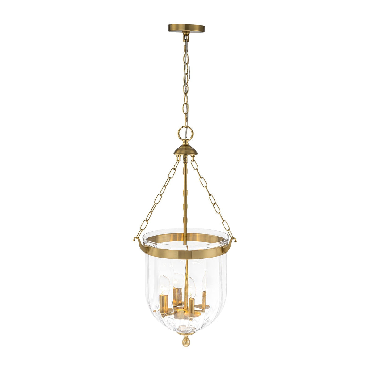 Brass 4-Light Ribbed Glass Bell Jar Lantern Pendant / Semi Flush