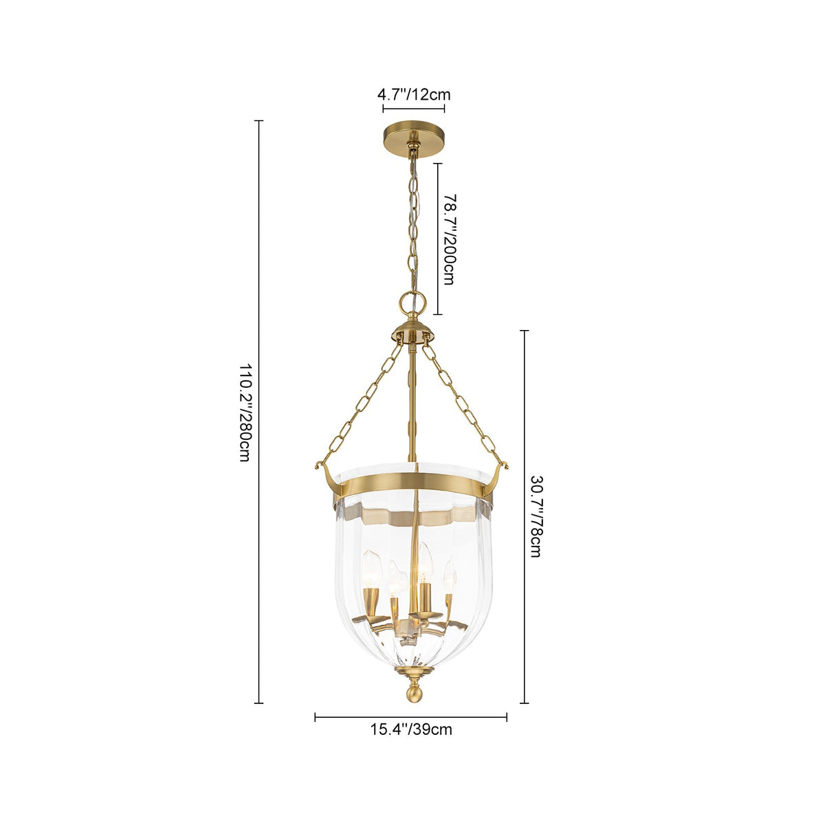 Brass 4-Light Ribbed Glass Bell Jar Lantern Pendant / Semi Flush