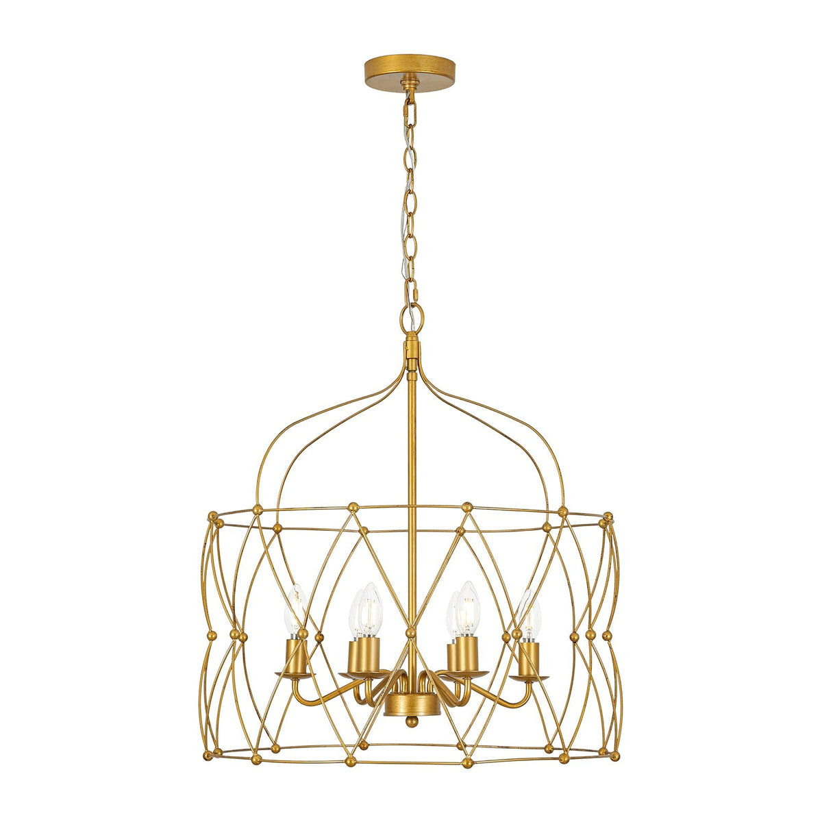 Brass 6-Light Candle Geometric Metal Drum Lantern Chandelier