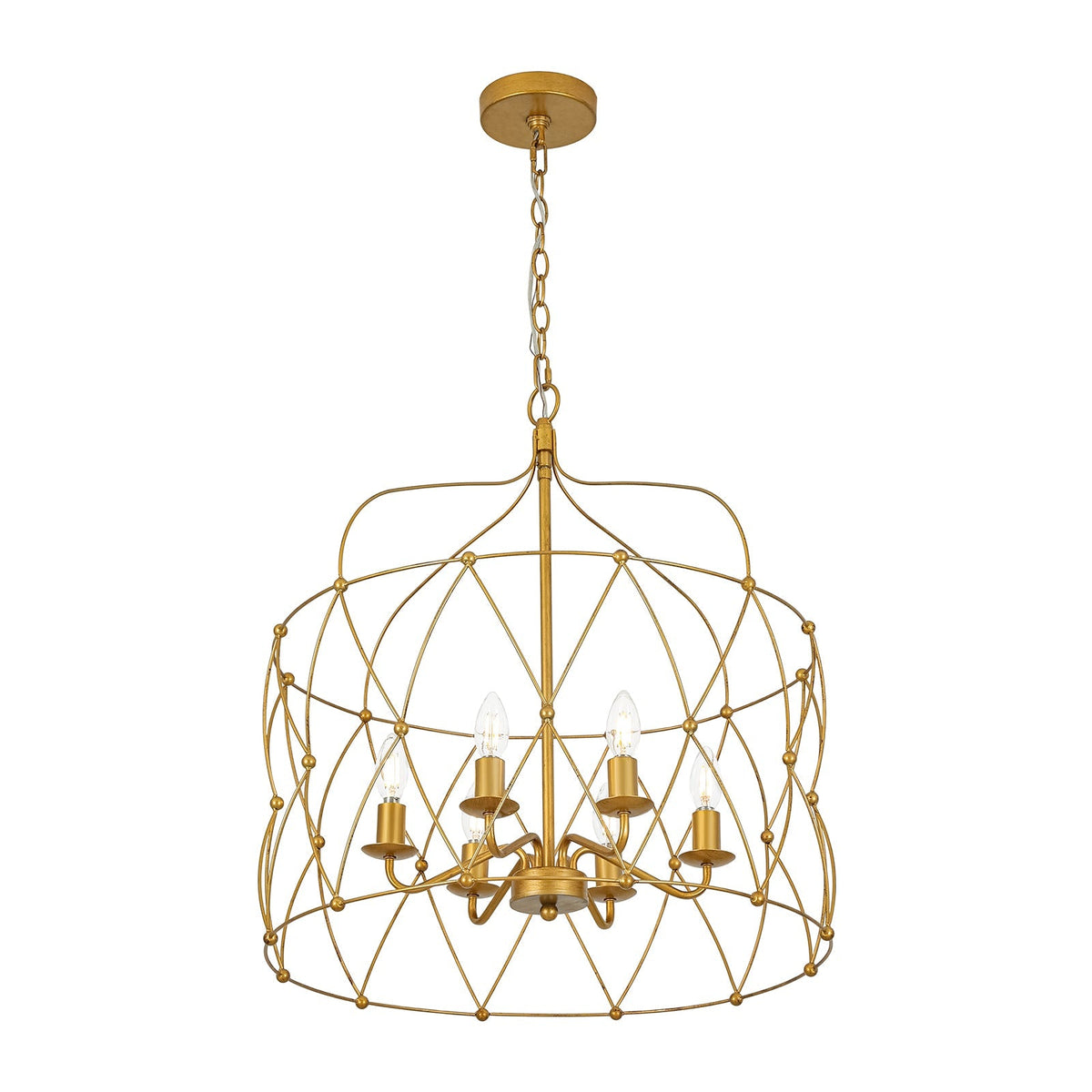 Brass 6-Light Candle Geometric Metal Drum Lantern Chandelier