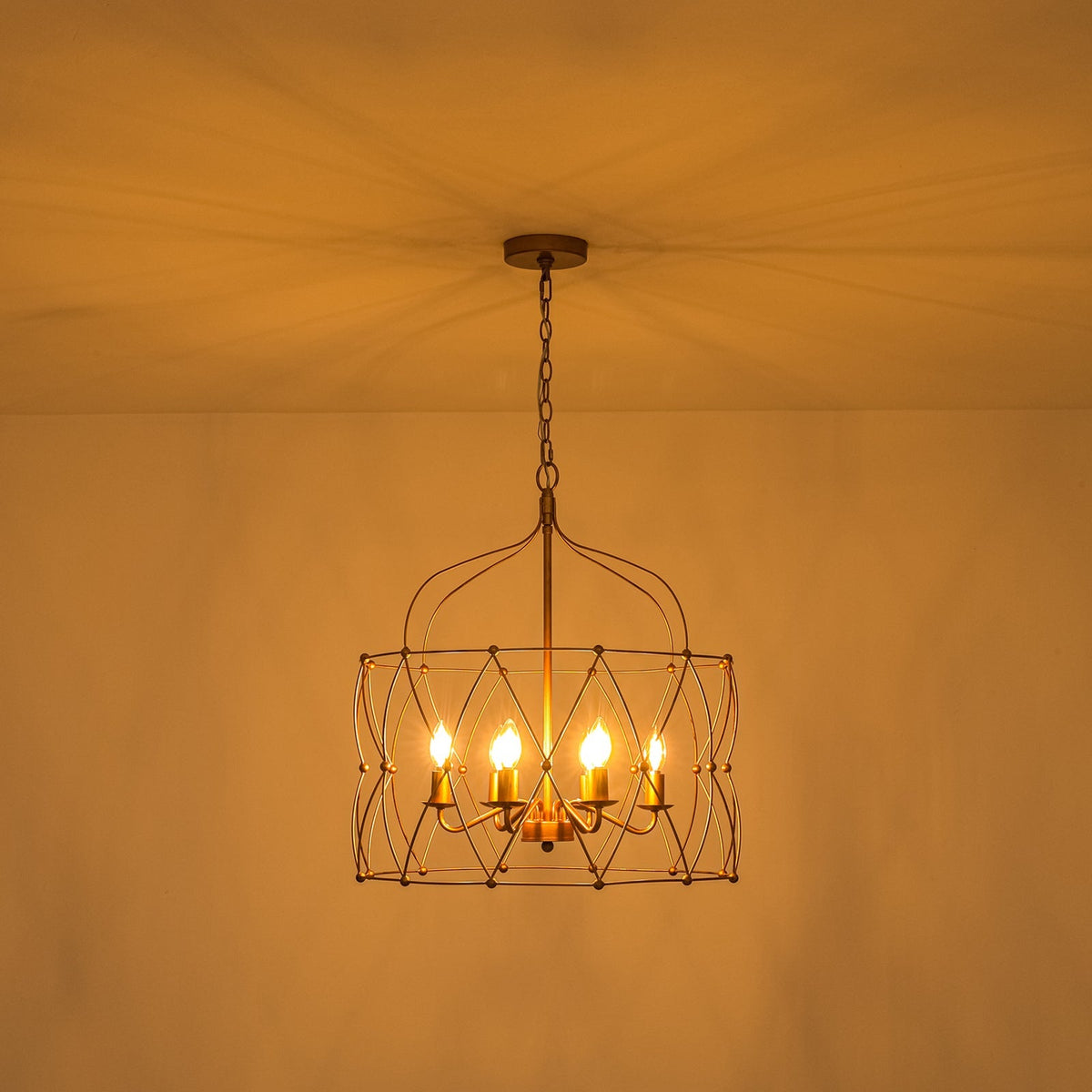 Brass 6-Light Candle Geometric Metal Drum Lantern Chandelier