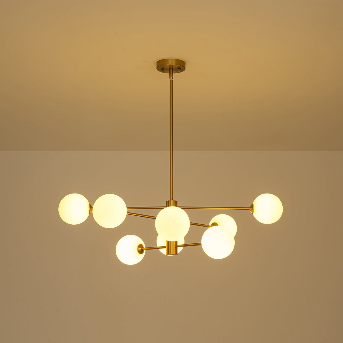 Brass 8-Light Tiered Opal Glass Globe Sputnik Chandelier