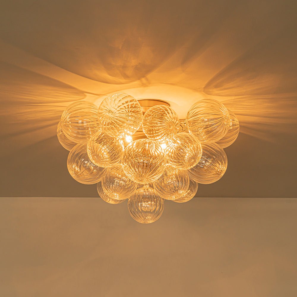 Brass Cluster Ribbed Glass Globe Bubble Semi Flush Chandelier