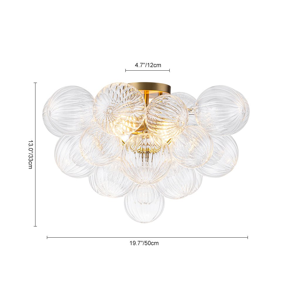Brass Cluster Ribbed Glass Globe Bubble Semi Flush Chandelier