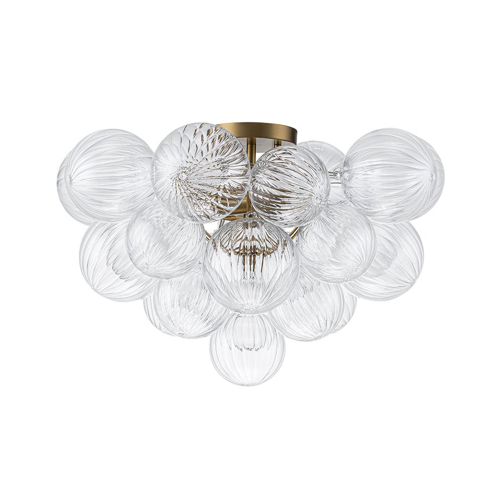 Brass Cluster Ribbed Glass Globe Bubble Semi Flush Chandelier