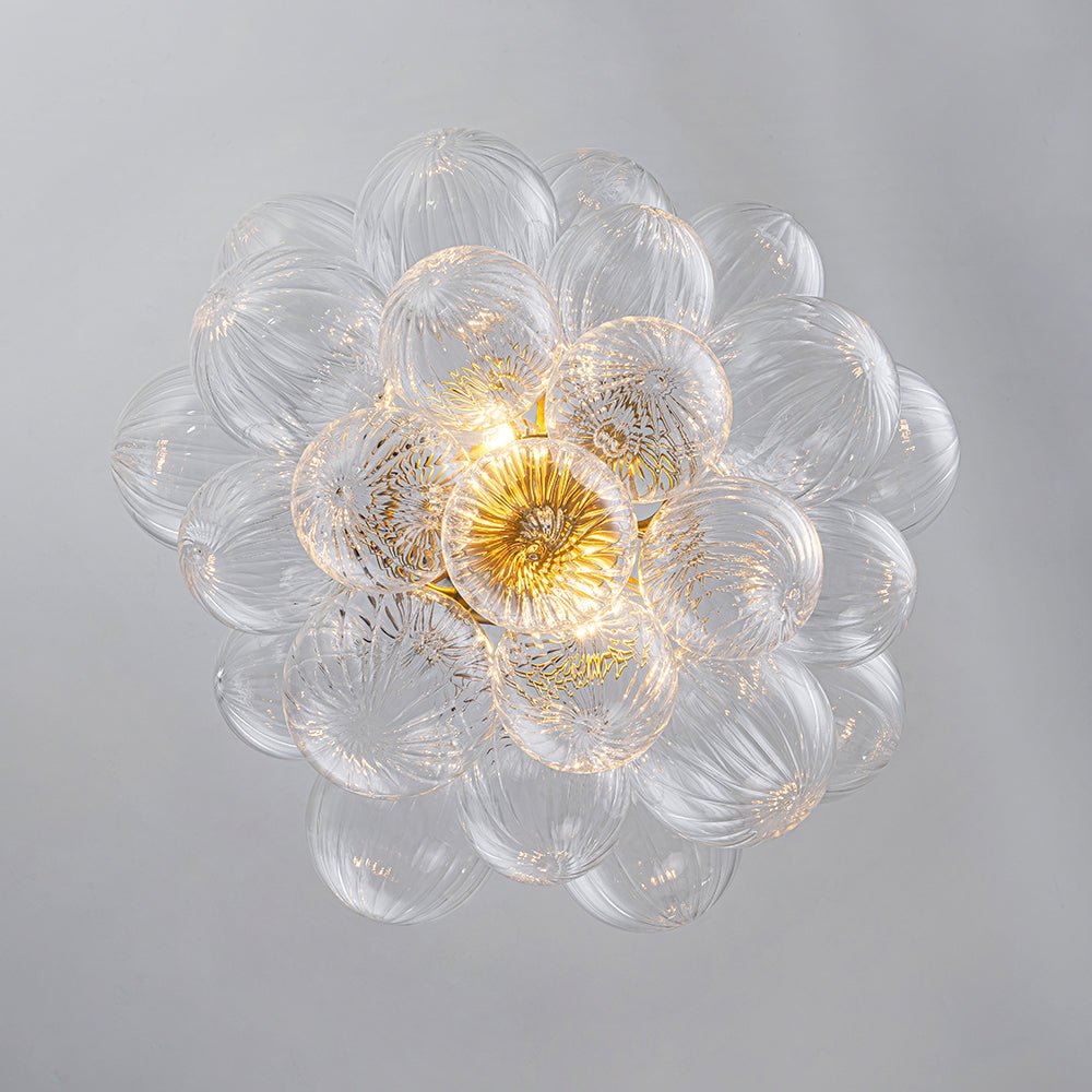 Brass Cluster Ribbed Glass Globe Bubble Semi Flush Chandelier