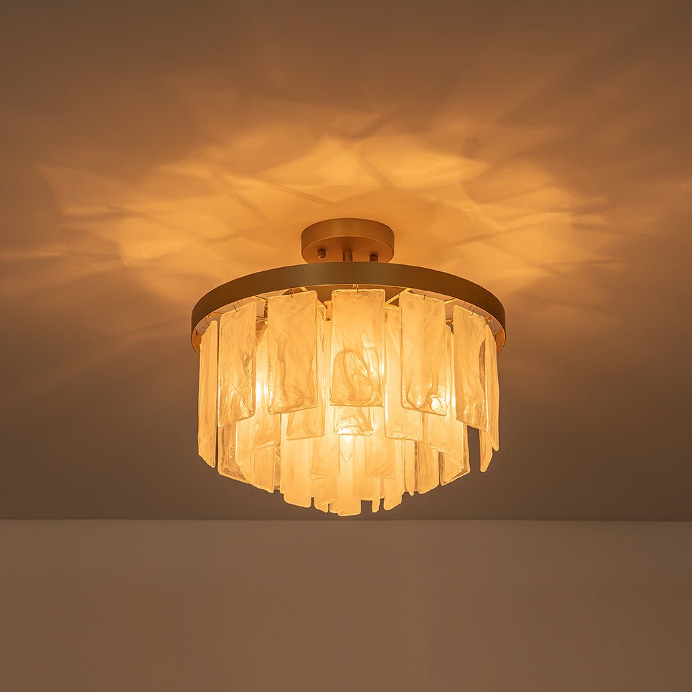 Tiered Opal Swirl Glass Round Semi Flush Mount Chandelier