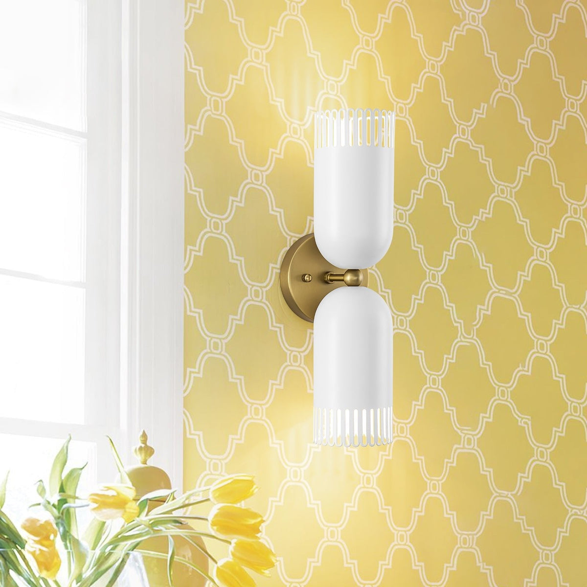 Brass White Tulip 2-Light Up Down Hourglass Vanity Wall Sconce