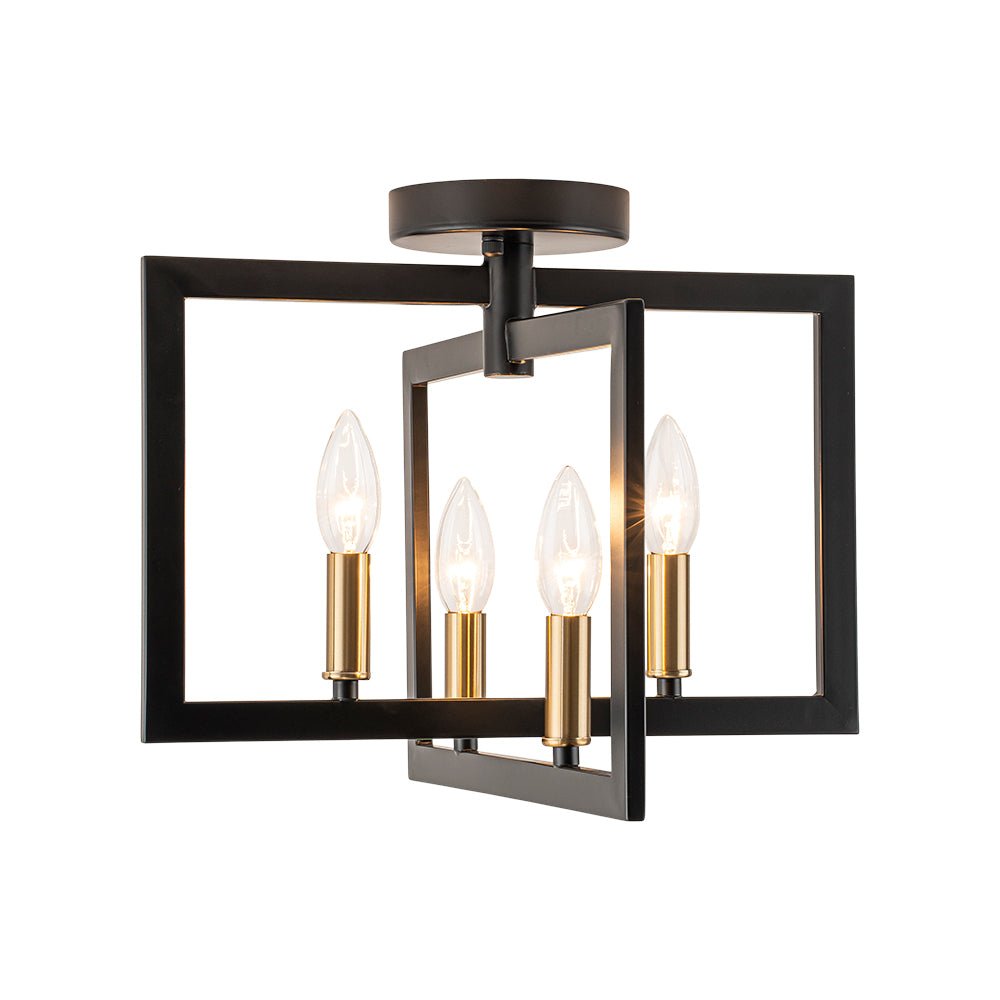 Farmhouse Black Brass 4-Light Square Cage Semi Flush Mount
