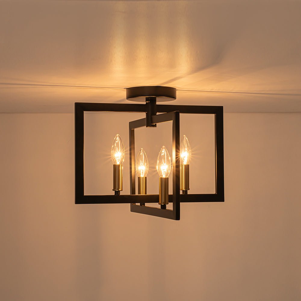 Farmhouse Black Brass 4-Light Square Cage Semi Flush Mount