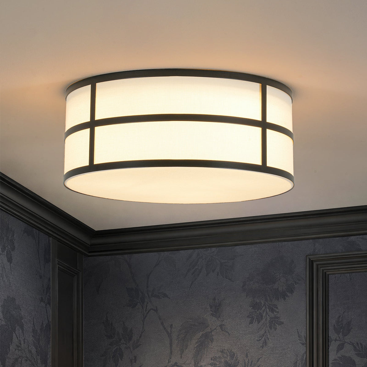 Farmhouse White Linen Fabric Drum Cage Flush Mount Light