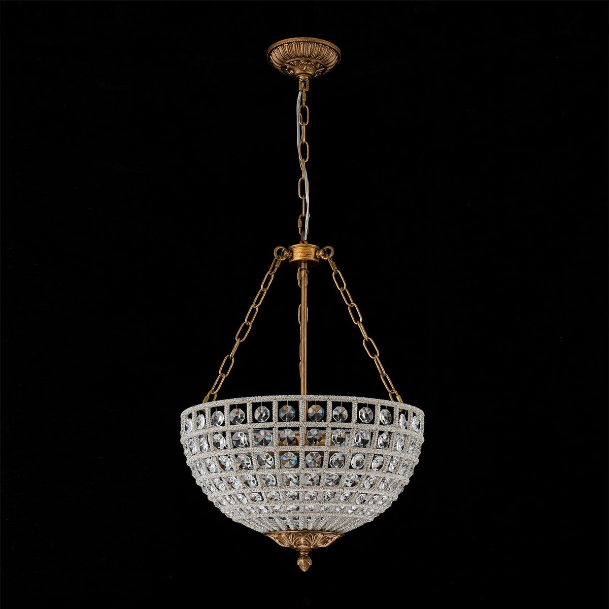 French Antique Brass Bronze Crystal Round Cage Chandelier