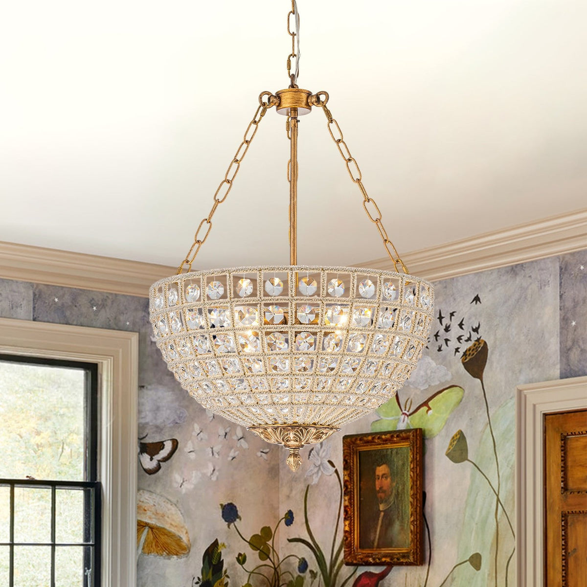 French Antique Brass Bronze Crystal Round Cage Chandelier