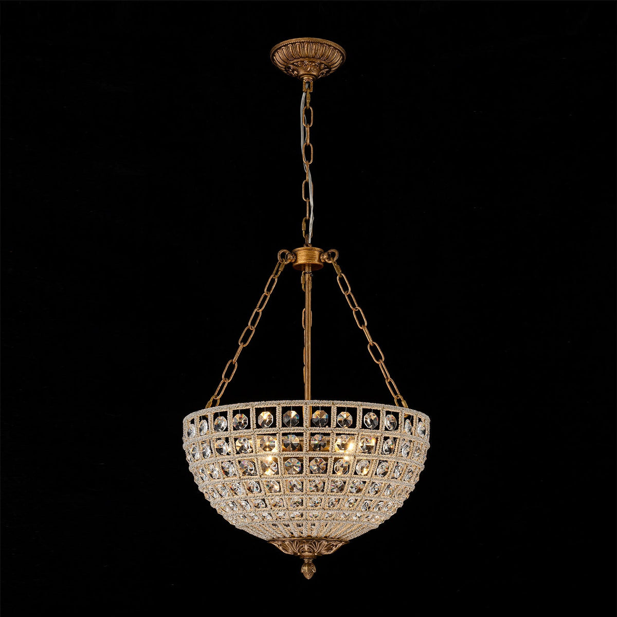 French Antique Brass Bronze Crystal Round Cage Chandelier
