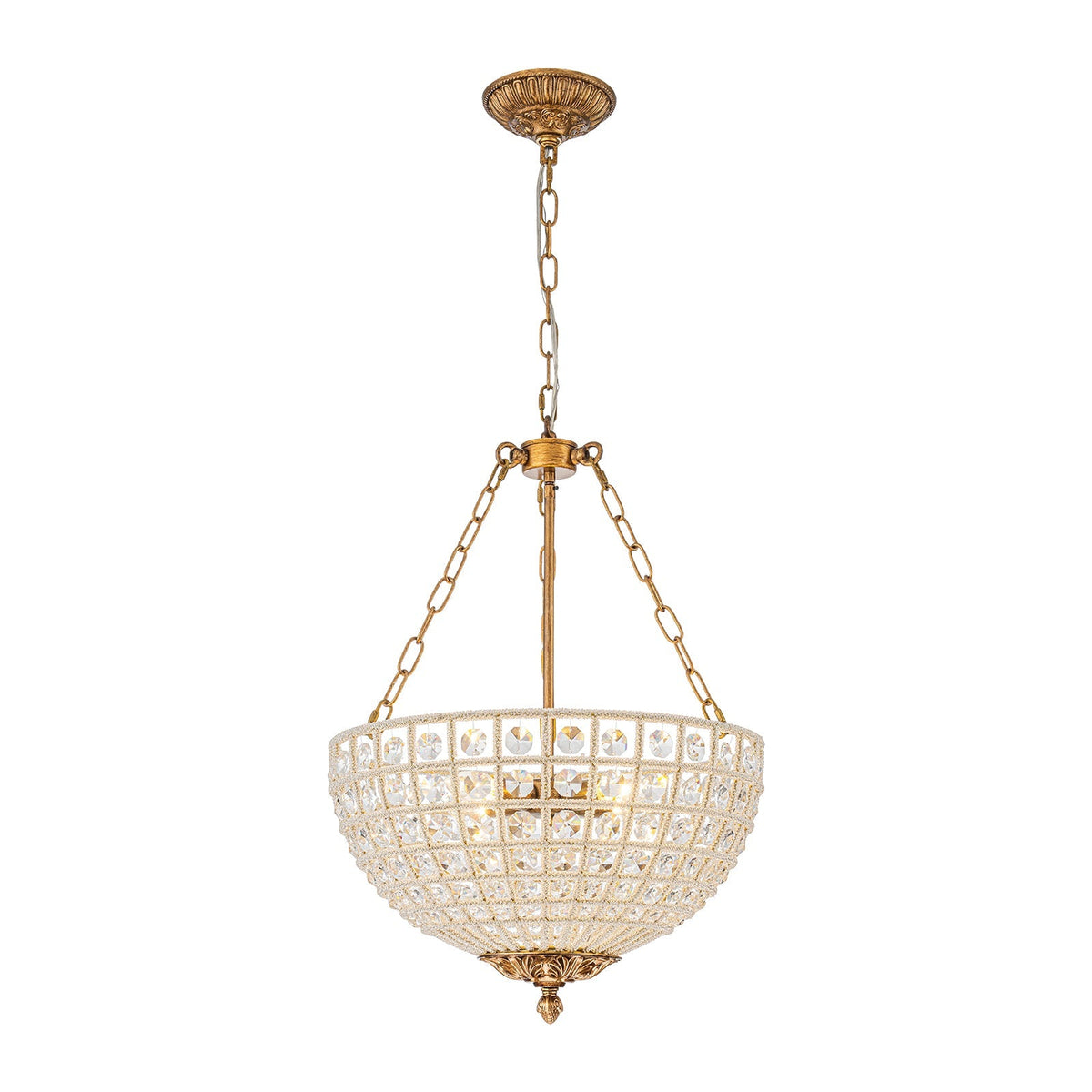 French Antique Brass Bronze Crystal Round Cage Chandelier