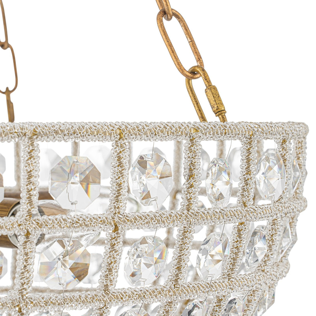 French Antique Brass Bronze Crystal Round Cage Chandelier