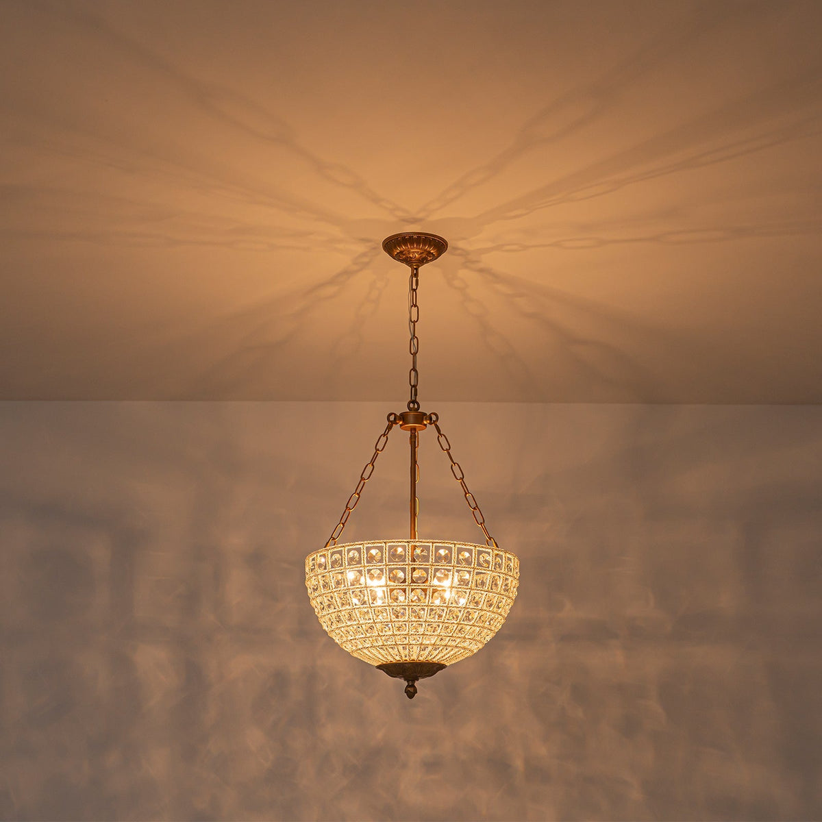 French Antique Brass Bronze Crystal Round Cage Chandelier
