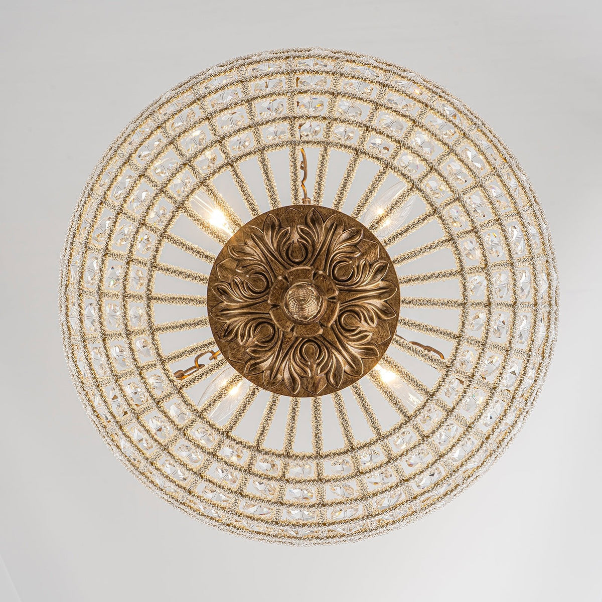 French Antique Brass Bronze Crystal Round Cage Chandelier