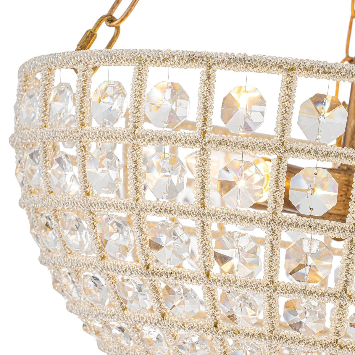 French Antique Brass Bronze Crystal Round Cage Chandelier