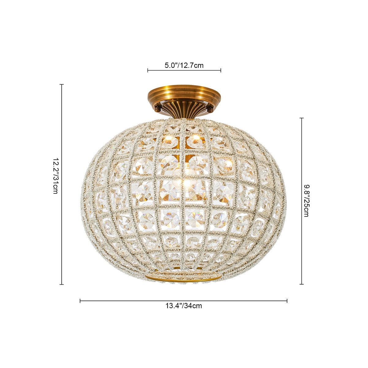 French Antique Brass Crystal Globe Cage Semi Flush Mount