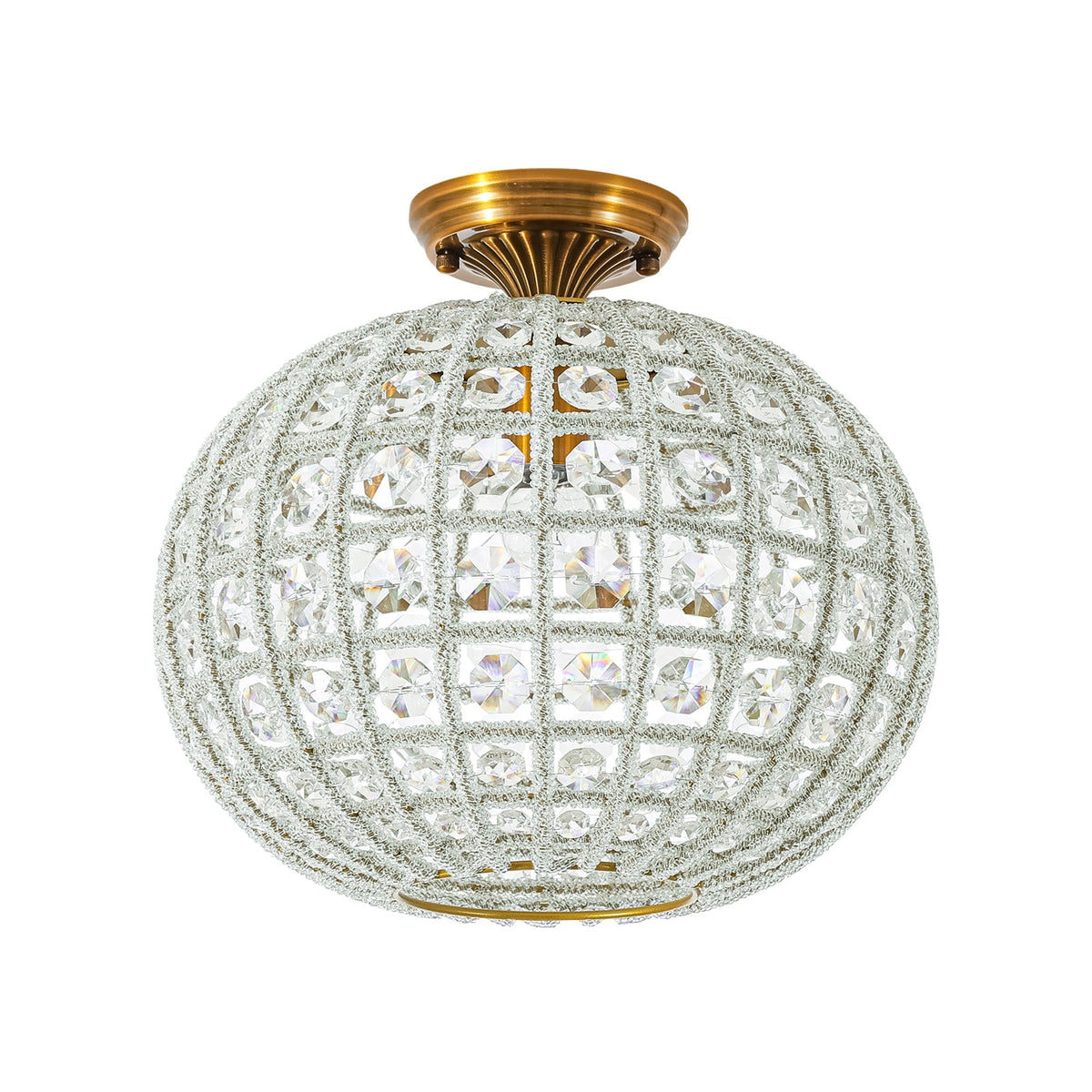French Antique Brass Crystal Globe Cage Semi Flush Mount