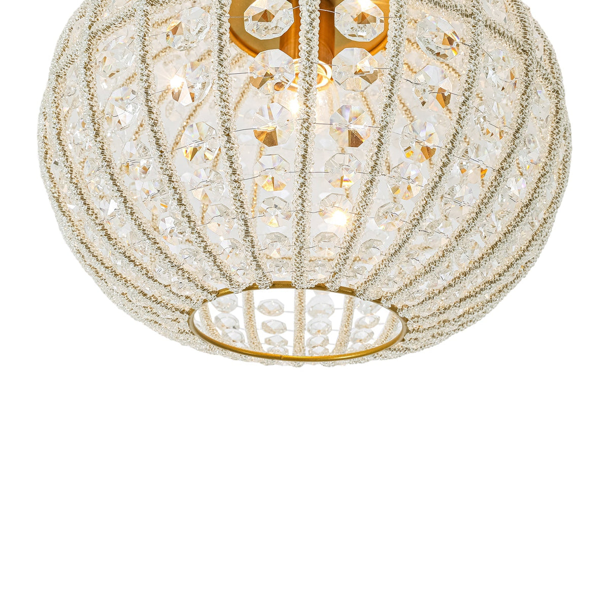French Antique Brass Crystal Globe Cage Semi Flush Mount