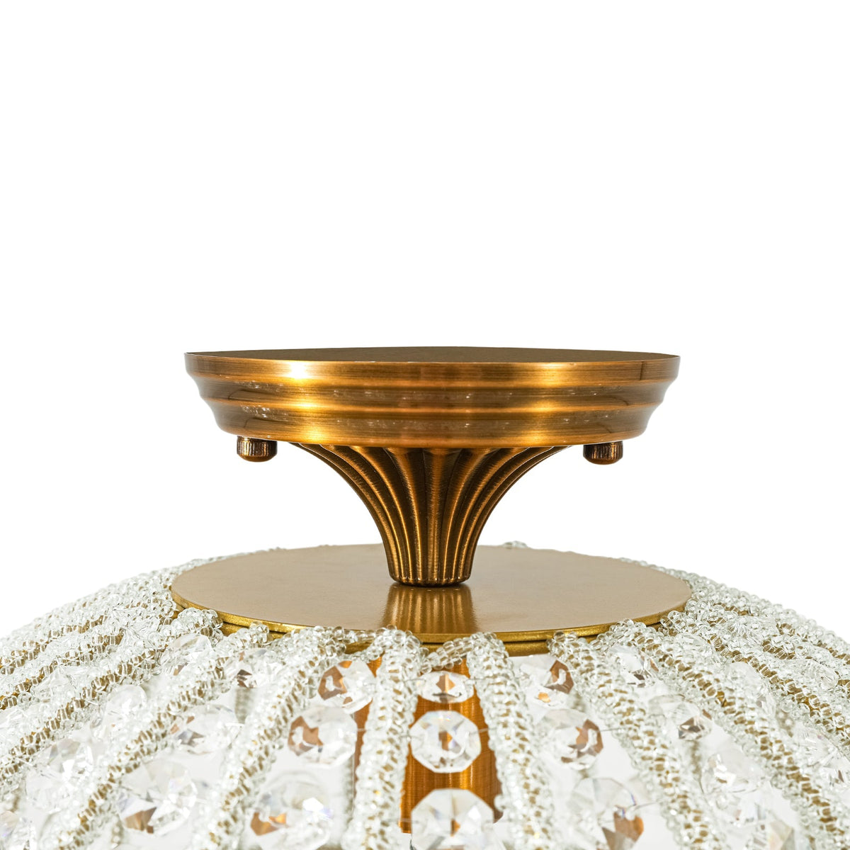 French Antique Brass Crystal Globe Cage Semi Flush Mount