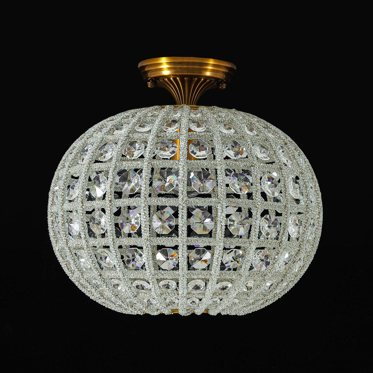 French Antique Brass Crystal Globe Cage Semi Flush Mount