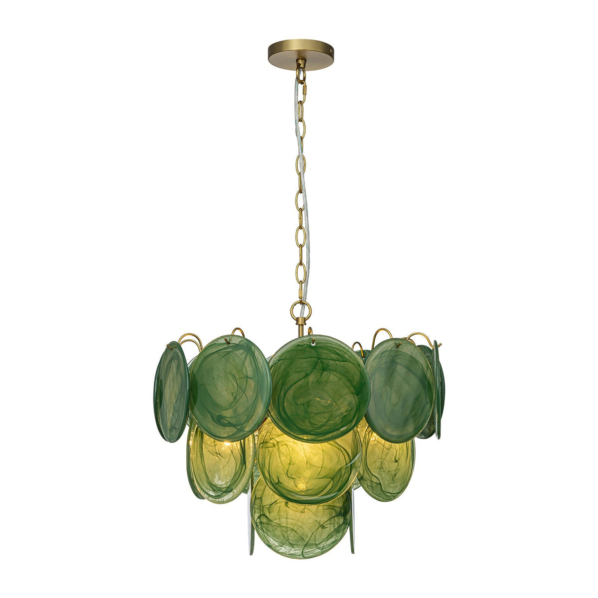 French Art Deco Brass Green Swirl Glass Round Tiered Chandelier