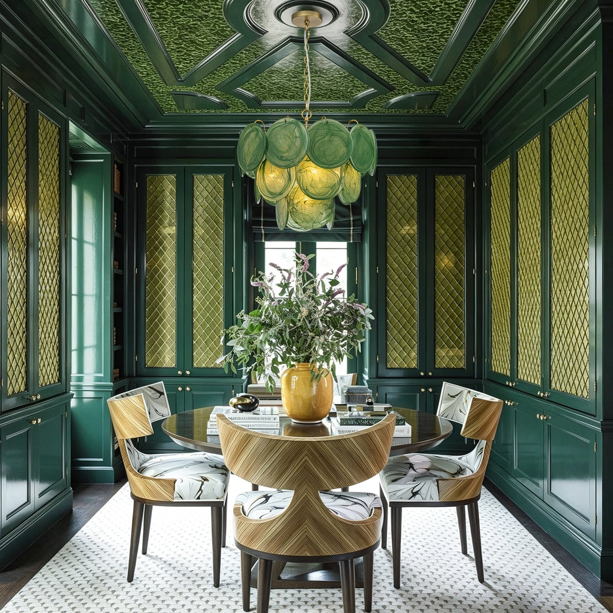 French Art Deco Brass Green Swirl Glass Round Tiered Chandelier