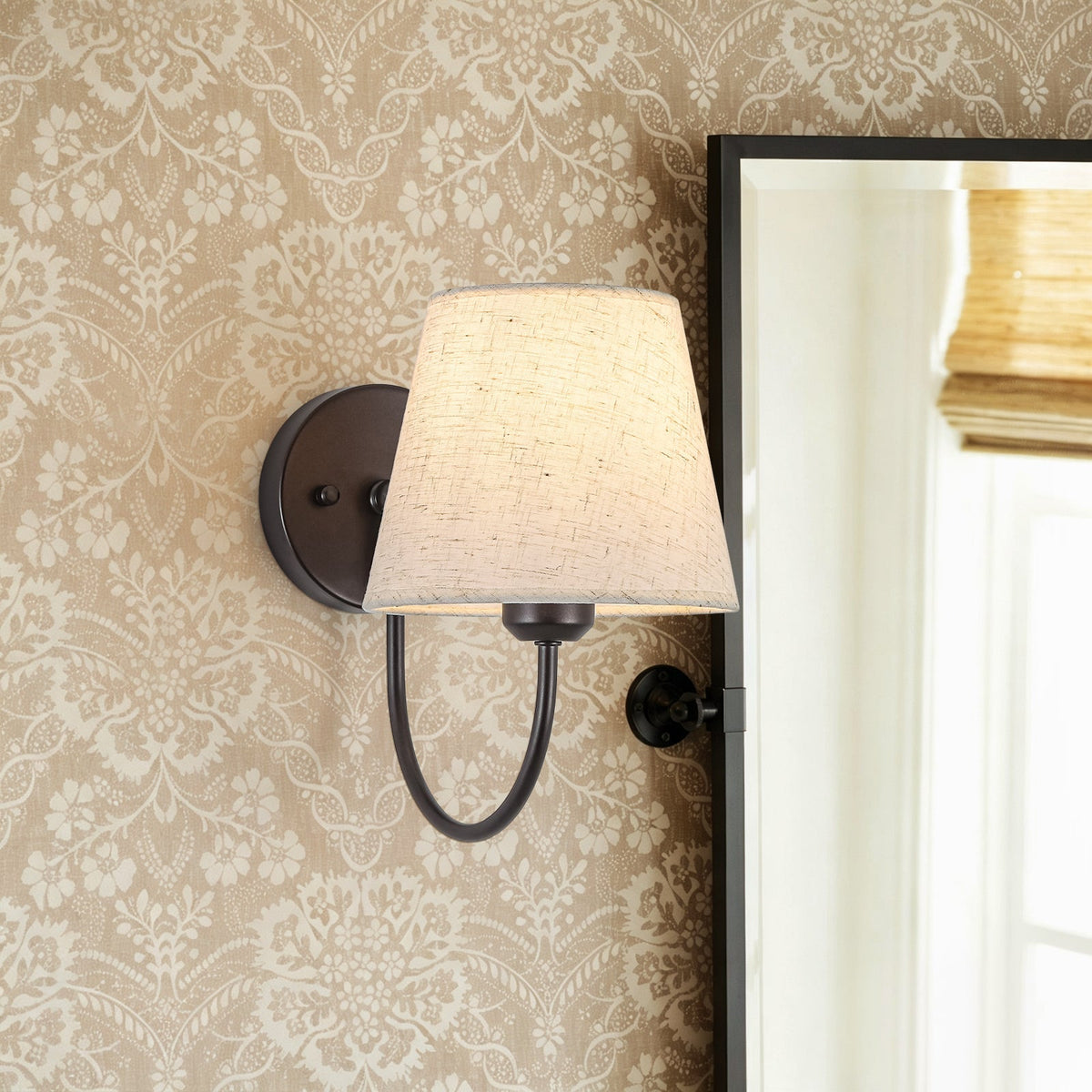 French Country 1-Light Beige Fabric Cone Armed Wall Sconce