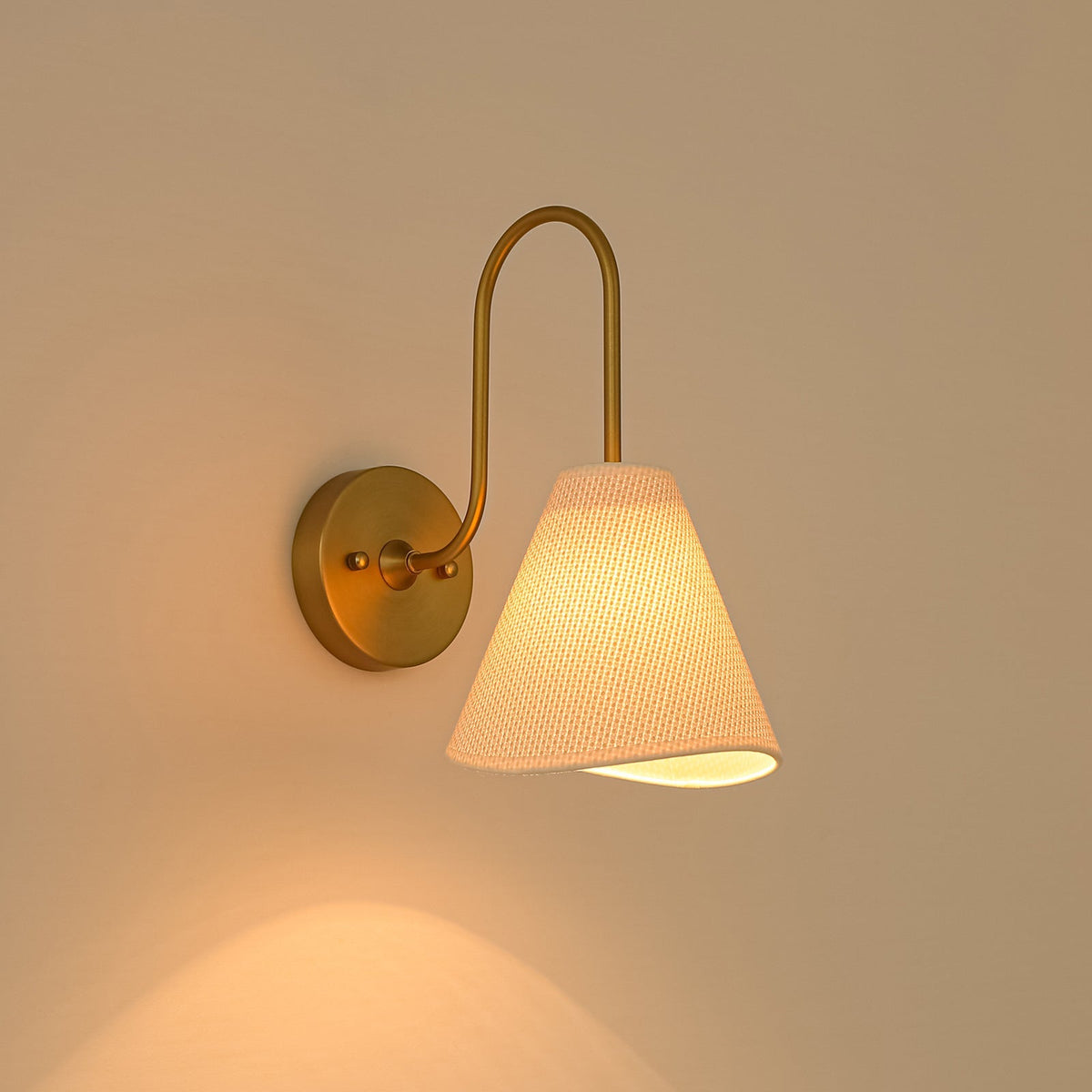 French Country 1-Light Beige Woven Fabric Cone Wall Sconce