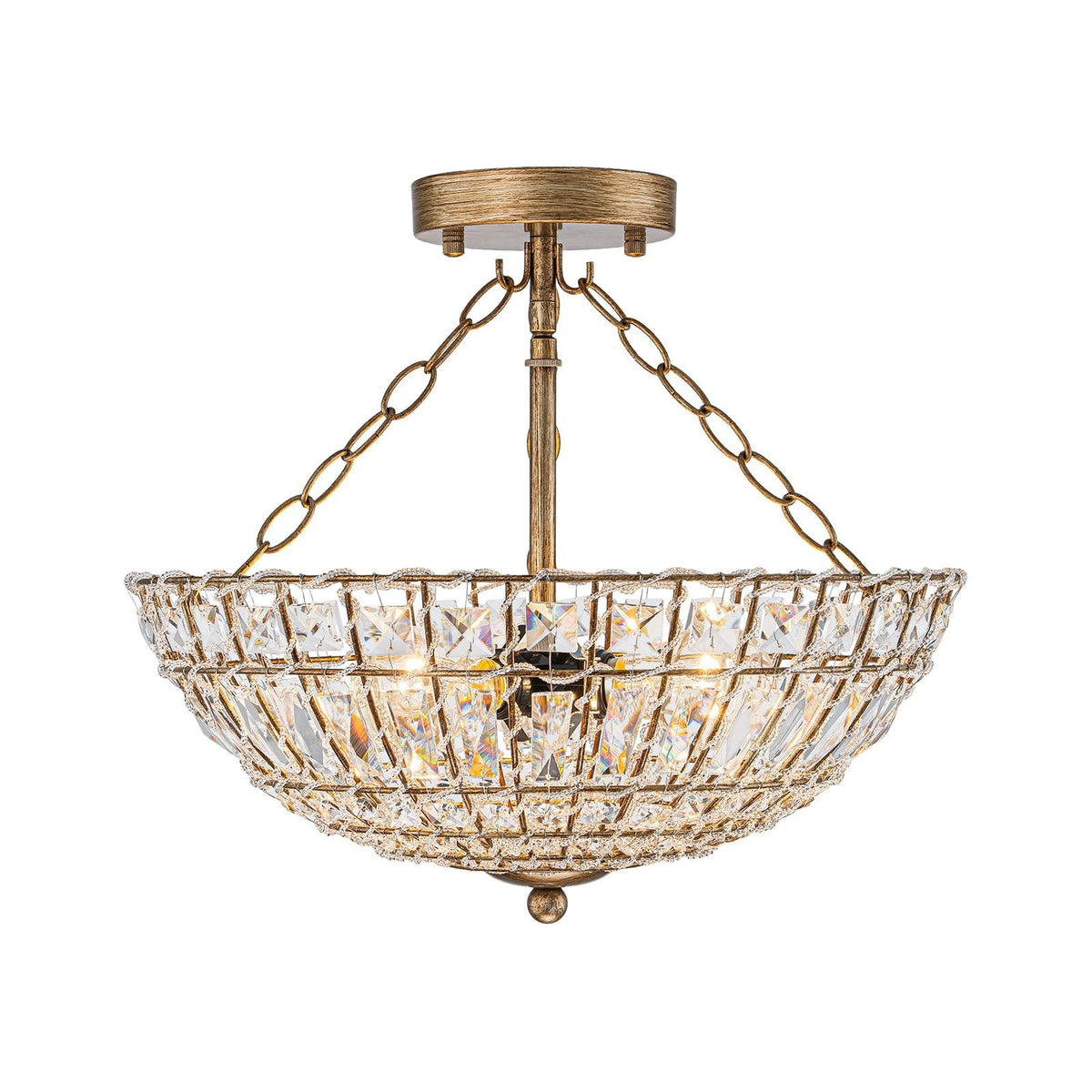 French Country Antique Round Crystal Cage Semi Flush Mount