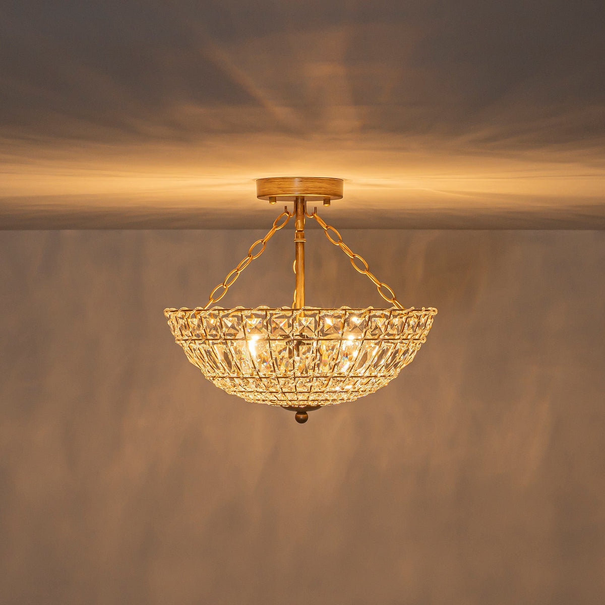 French Country Antique Round Crystal Cage Semi Flush Mount