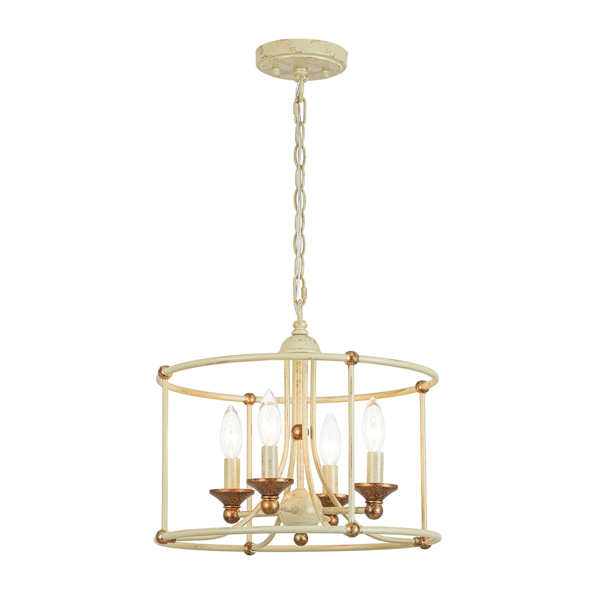 French Country Distressed Beige Metal Drum Candle Cage Pendant