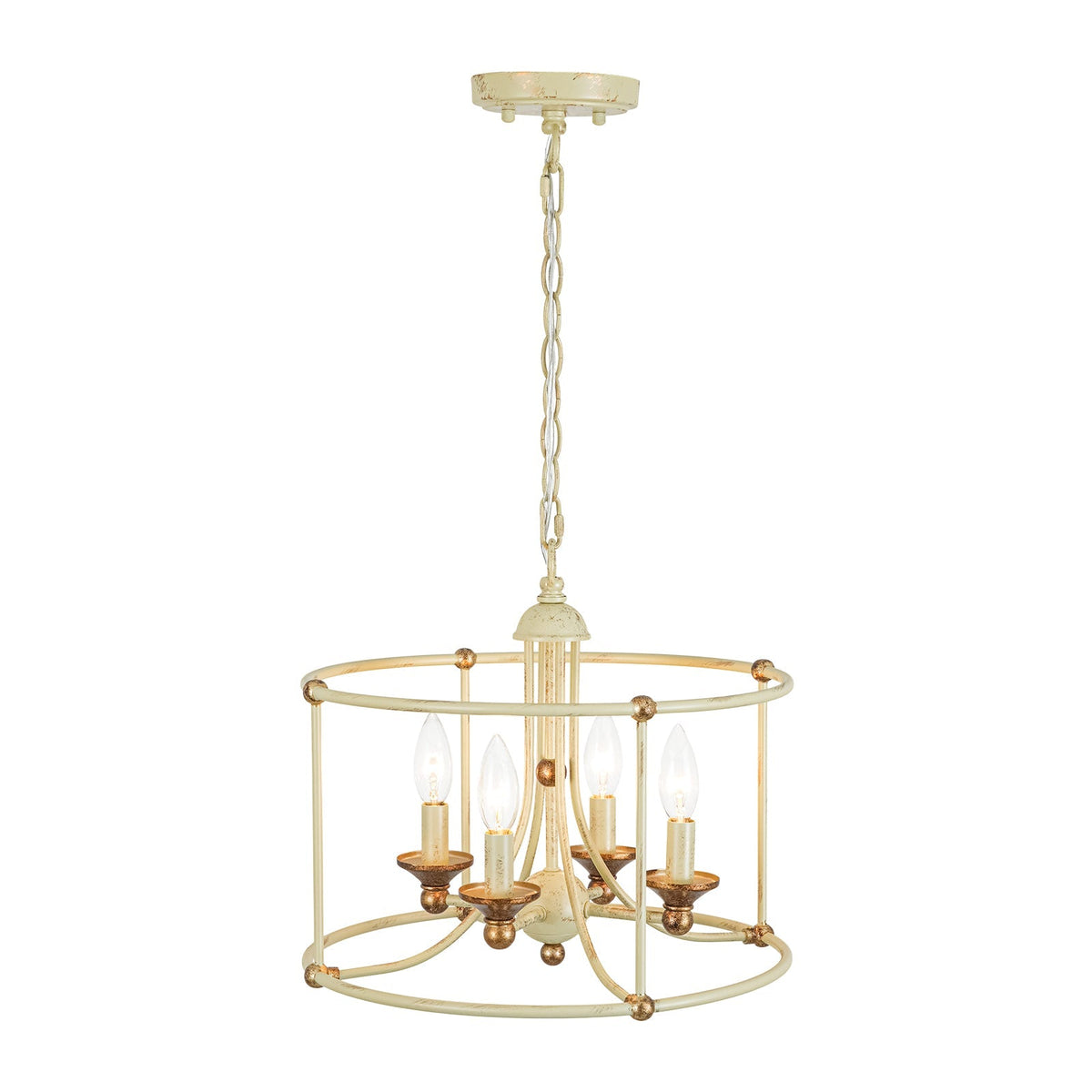 French Country Distressed Beige Metal Drum Candle Cage Pendant