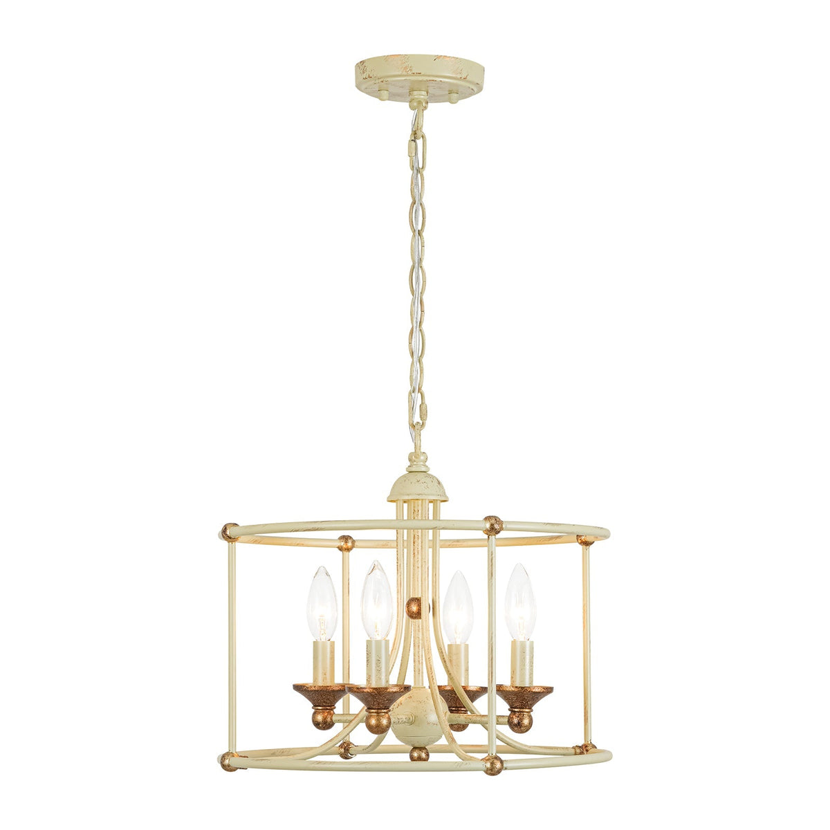 French Country Distressed Beige Metal Drum Candle Cage Pendant