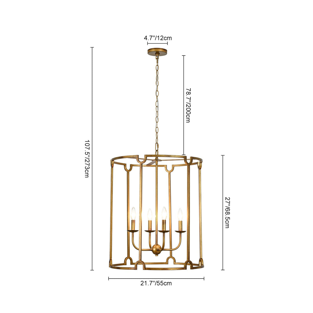 French Country Distressed Gold Candle Style Cylinder Lantern Chandelier