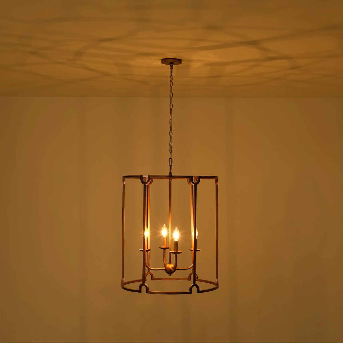 French Country Distressed Gold Candle Style Cylinder Lantern Chandelier